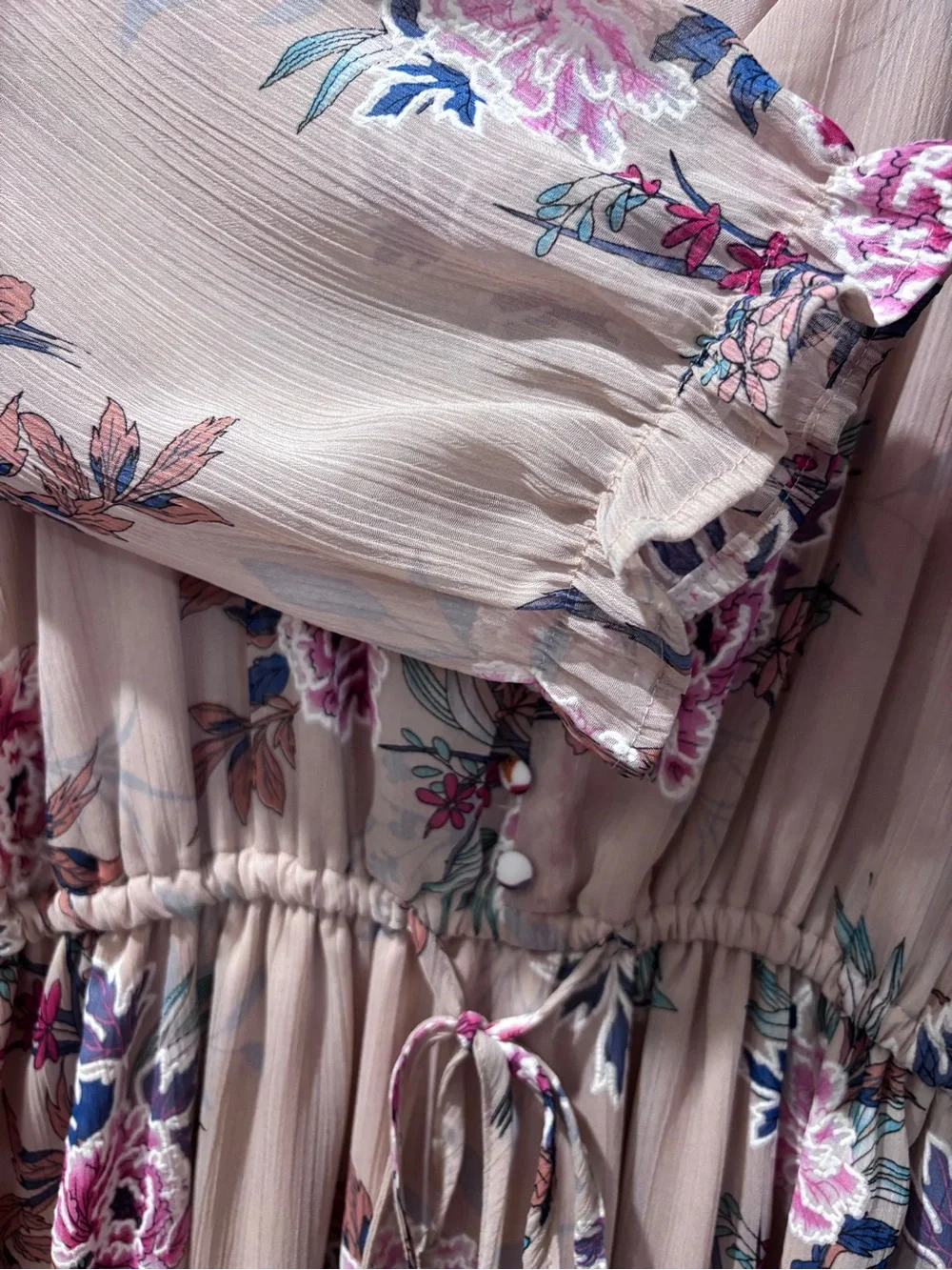 Just Found Floral Maxi Dress Sheer Chiffon Ruffle Hem Neutral Boho Pink Blue